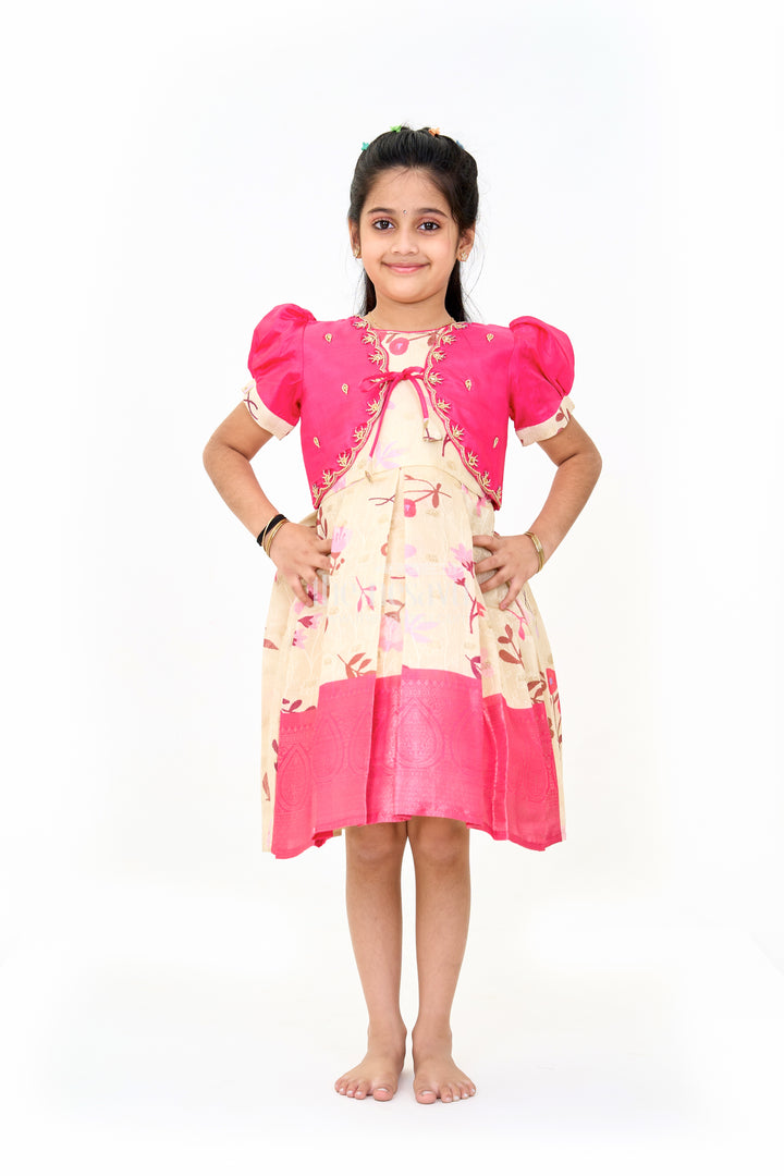 Girls Silk Party Frock with Puff Sleeves and Embroidered Jacket in Pink and Cream