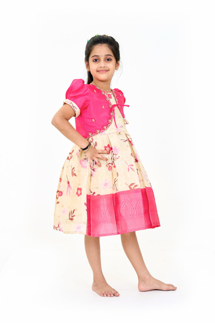 Girls Silk Party Frock with Puff Sleeves and Embroidered Jacket in Pink and Cream