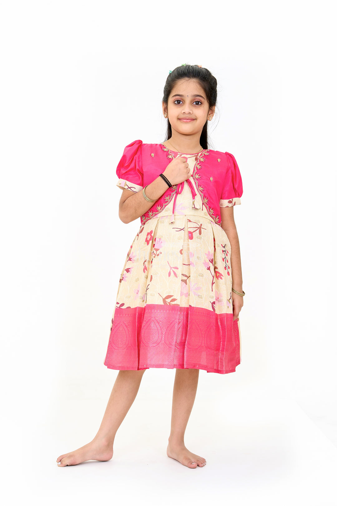 Girls Silk Party Frock with Puff Sleeves and Embroidered Jacket in Pink and Cream