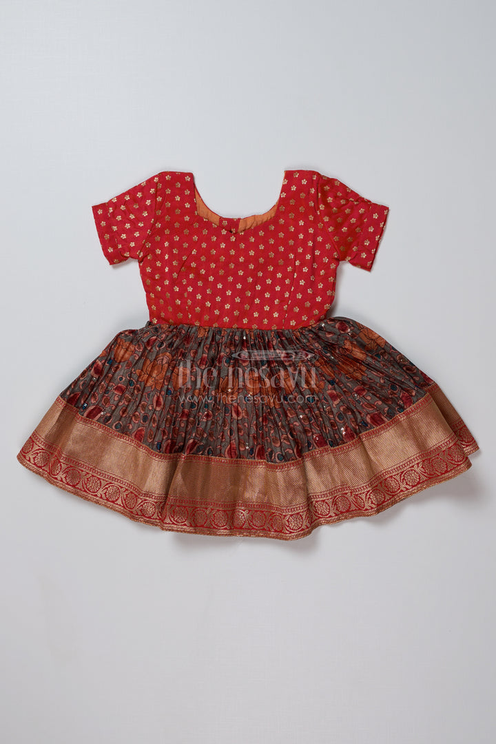 Girls Frock Suit Red in Chinon Pleated Silk Blend with Zari Border and Traditional Prints