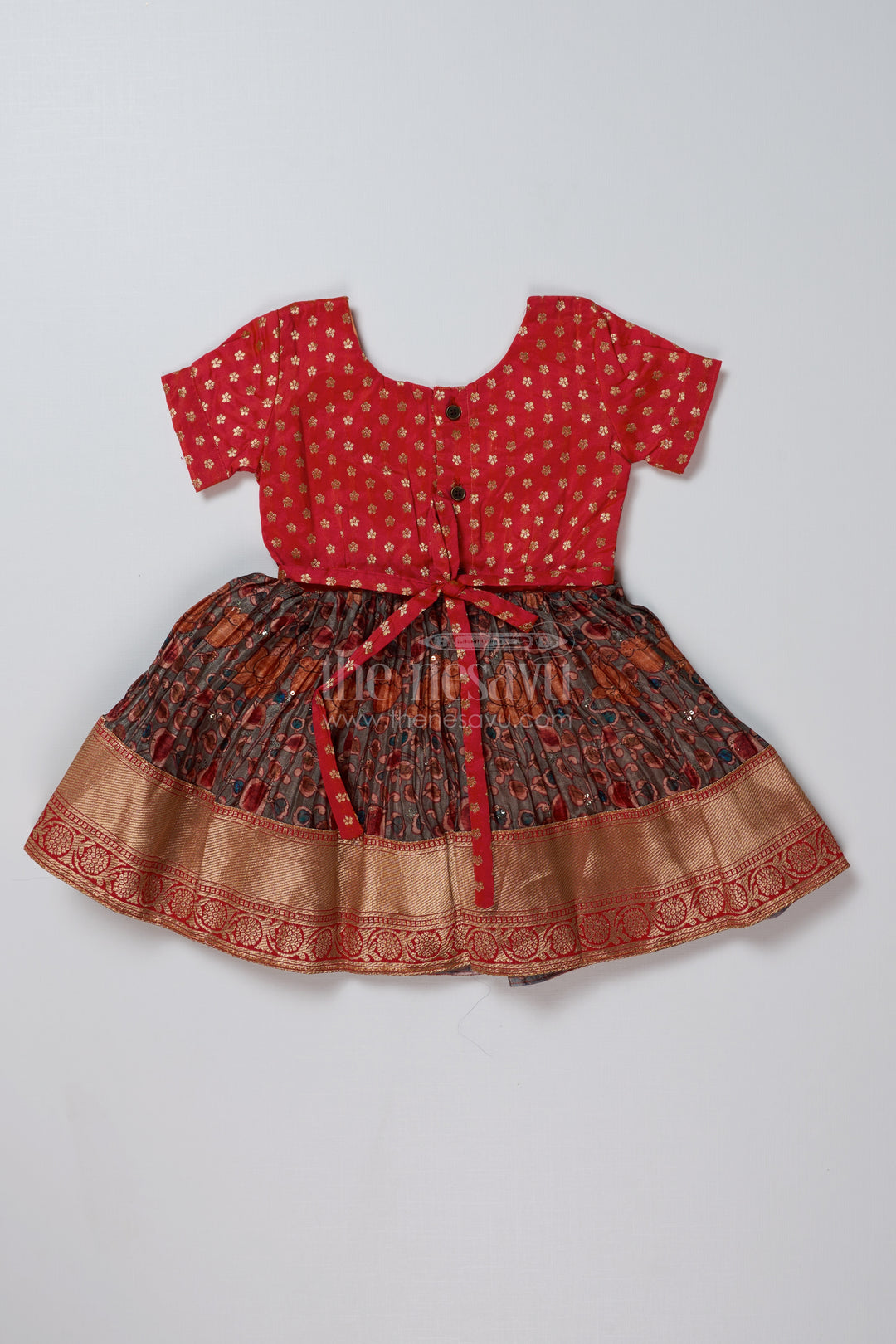 Girls Frock Suit Red in Chinon Pleated Silk Blend with Zari Border and Traditional Prints