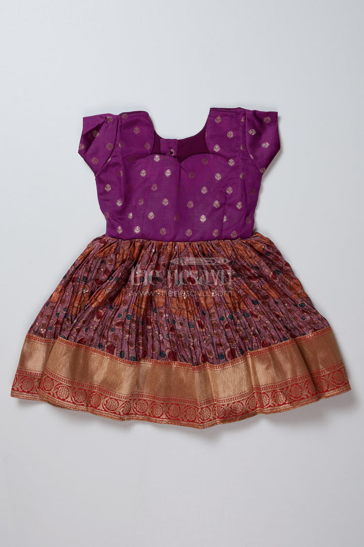 Girls Purple Traditional Dress with Chinon Silk Pleated Skirt and Elegant Zari Border