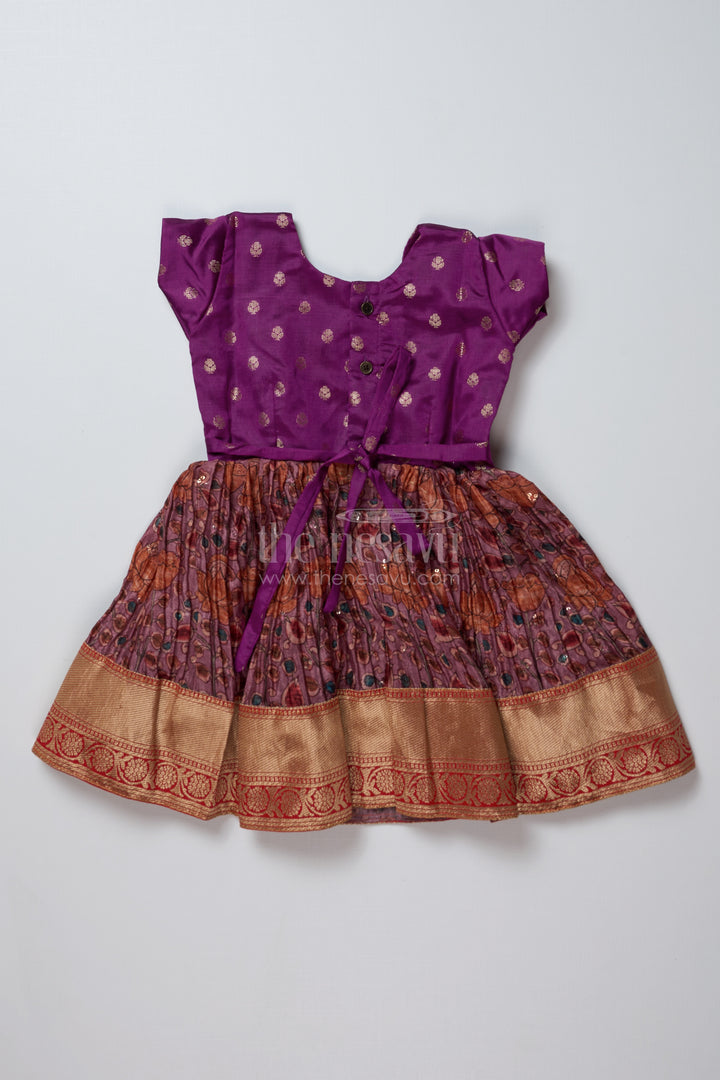 Girls Purple Traditional Dress with Chinon Silk Pleated Skirt and Elegant Zari Border