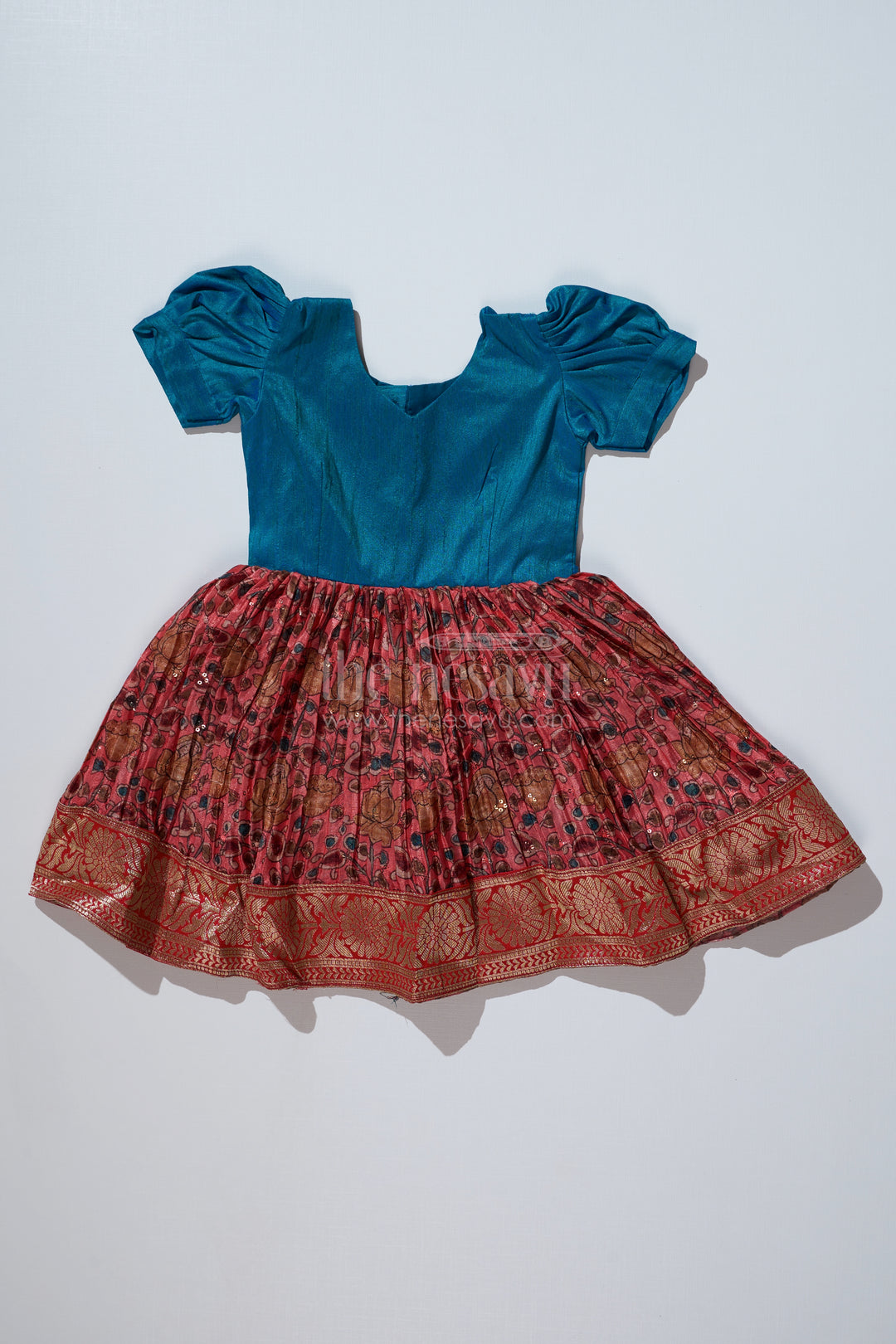 Girls Blue Ethnic Dress with Puff Sleeves and Chinon Silk Pleated Skirt for Festive Wear