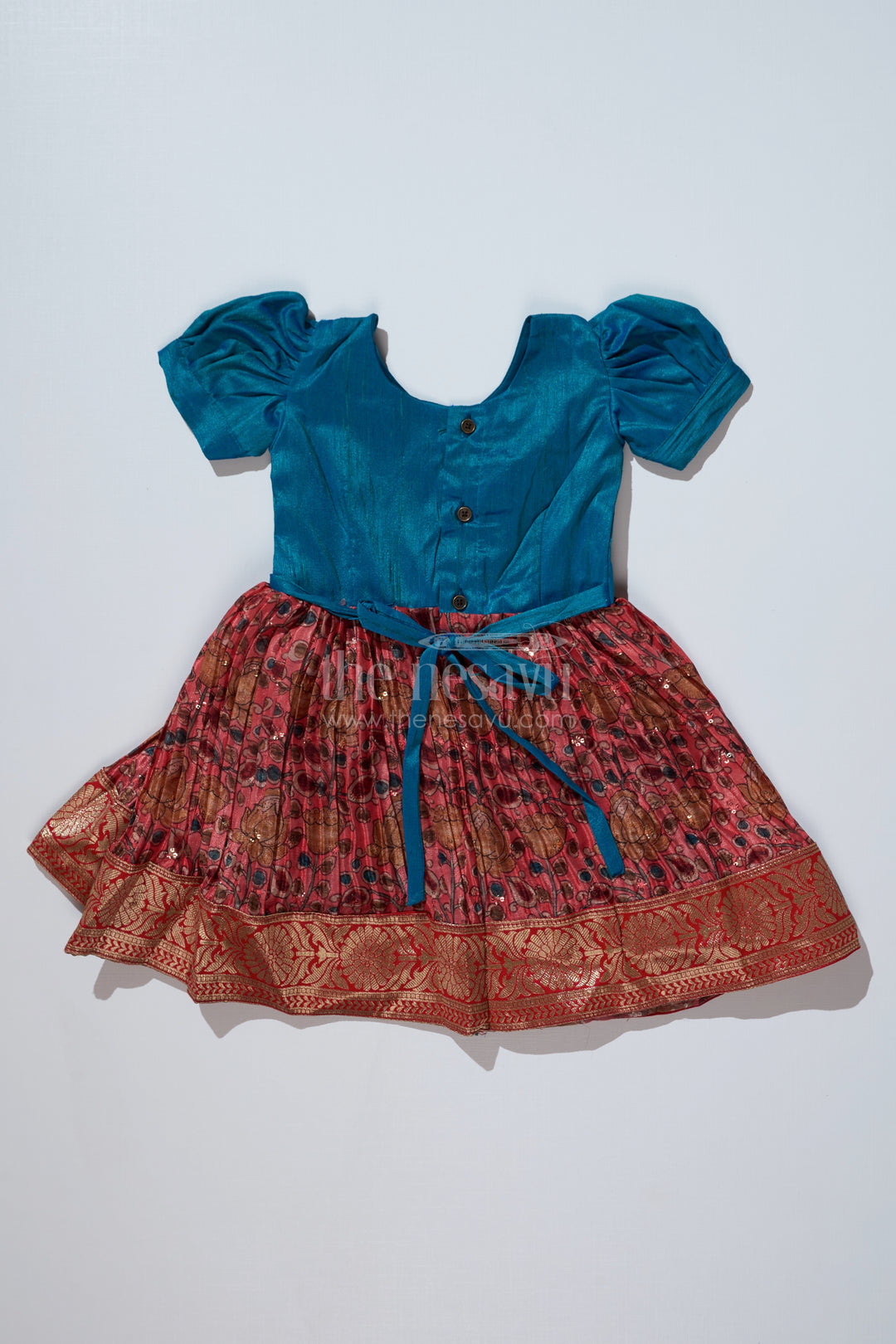 Girls Blue Ethnic Dress with Puff Sleeves and Chinon Silk Pleated Skirt for Festive Wear