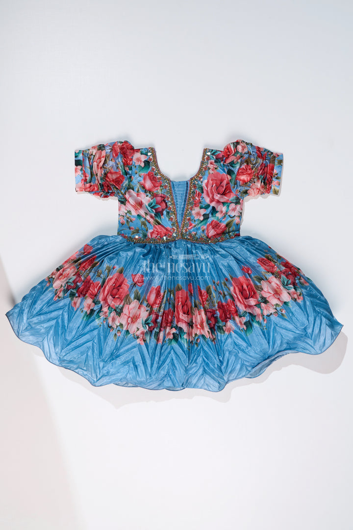 Girls Flowery Frock with Digital Floral Print and Embellished Bodice for a Stylish Party Look