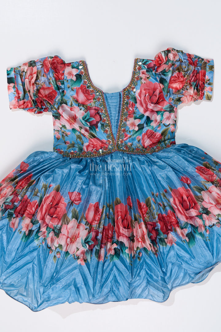 Girls Flowery Frock with Digital Floral Print and Embellished Bodice for a Stylish Party Look