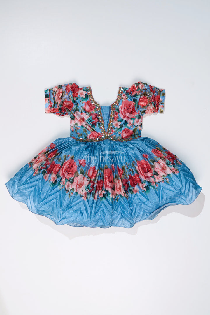 Girls Flowery Frock with Digital Floral Print and Embellished Bodice for a Stylish Party Look