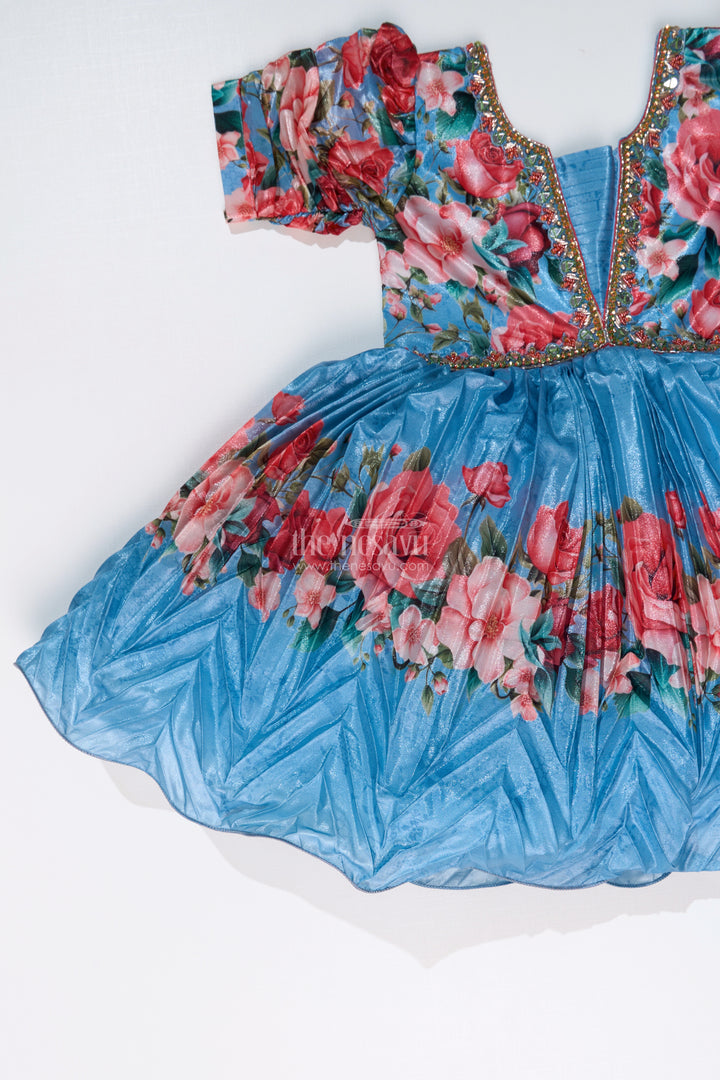 Girls Flowery Frock with Digital Floral Print and Embellished Bodice for a Stylish Party Look