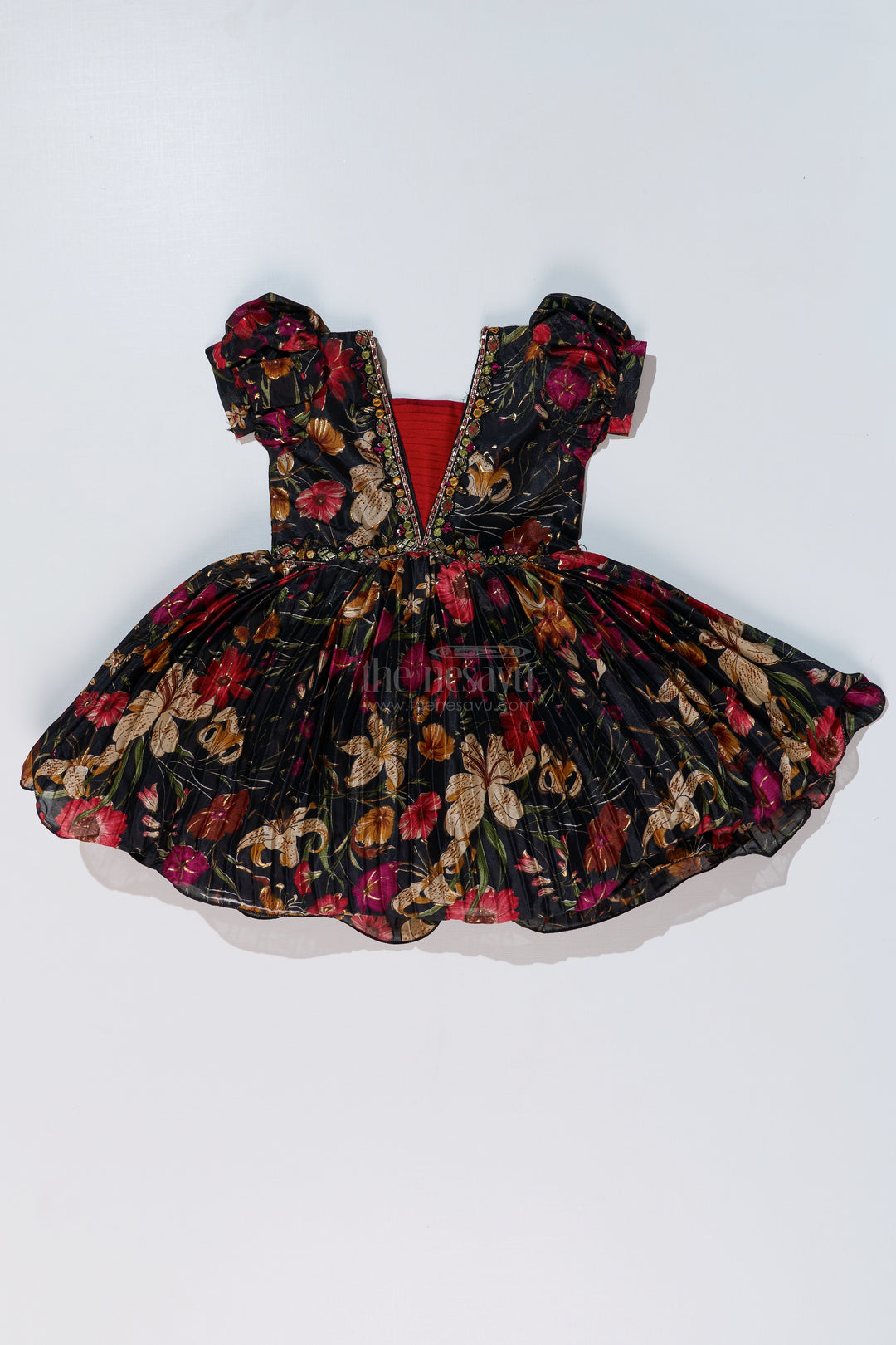 Girls Silk Kapde Ki Frock with Floral Chinon Digital Print and Embellished Neckline for Festive Wear