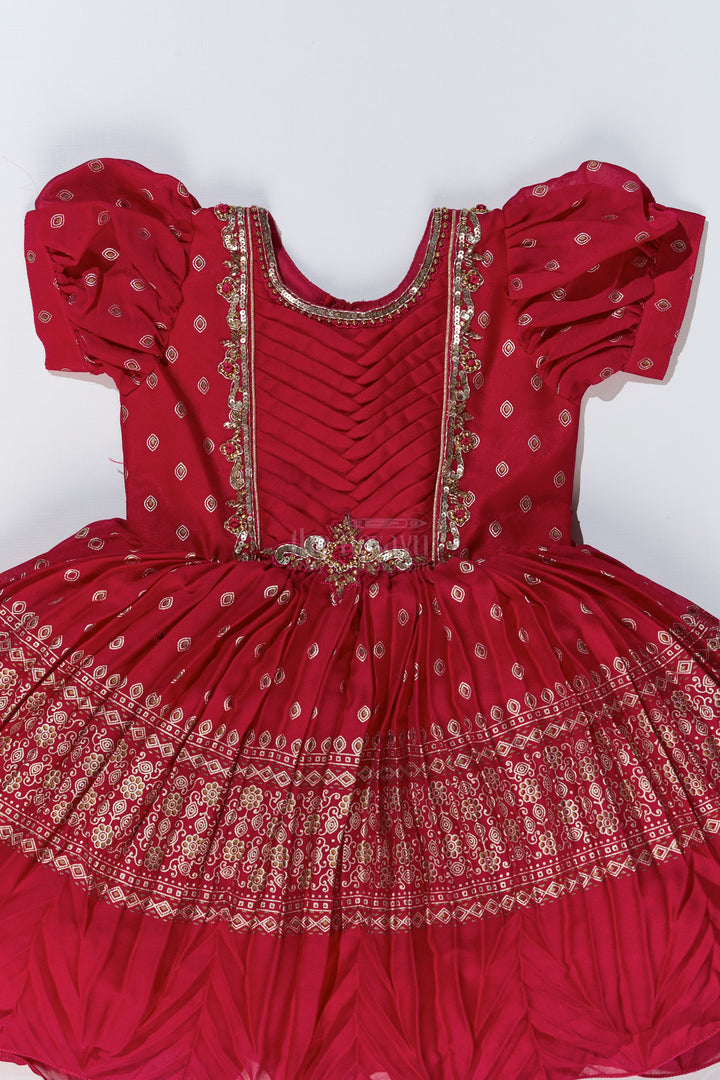 Girls Red Raw Silk Frock with Gold Zari Embroidery and Flared Silhouette for Special Occasions