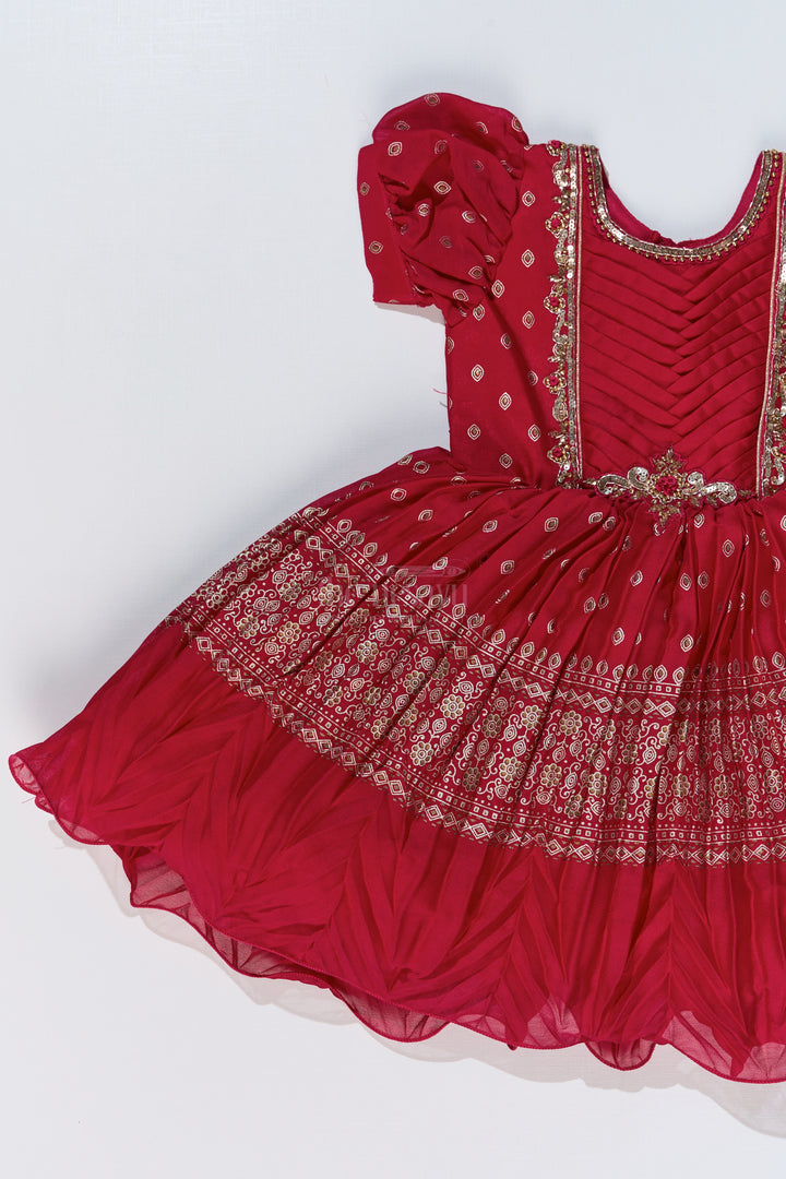 Girls Red Raw Silk Frock with Gold Zari Embroidery and Flared Silhouette for Special Occasions