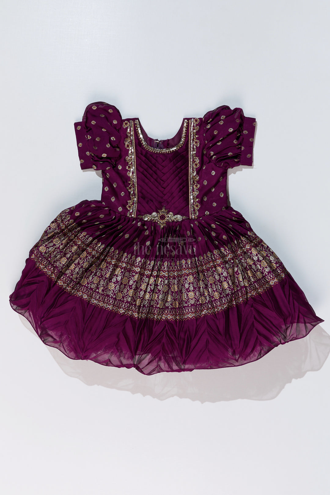 Girls Short Frock Silk with Rich Embroidered Borders and Classic Puff Sleeves for an Ethnic Look