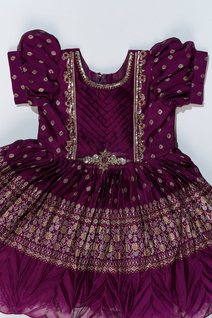 Girls Short Frock Silk with Rich Embroidered Borders and Classic Puff Sleeves for an Ethnic Look