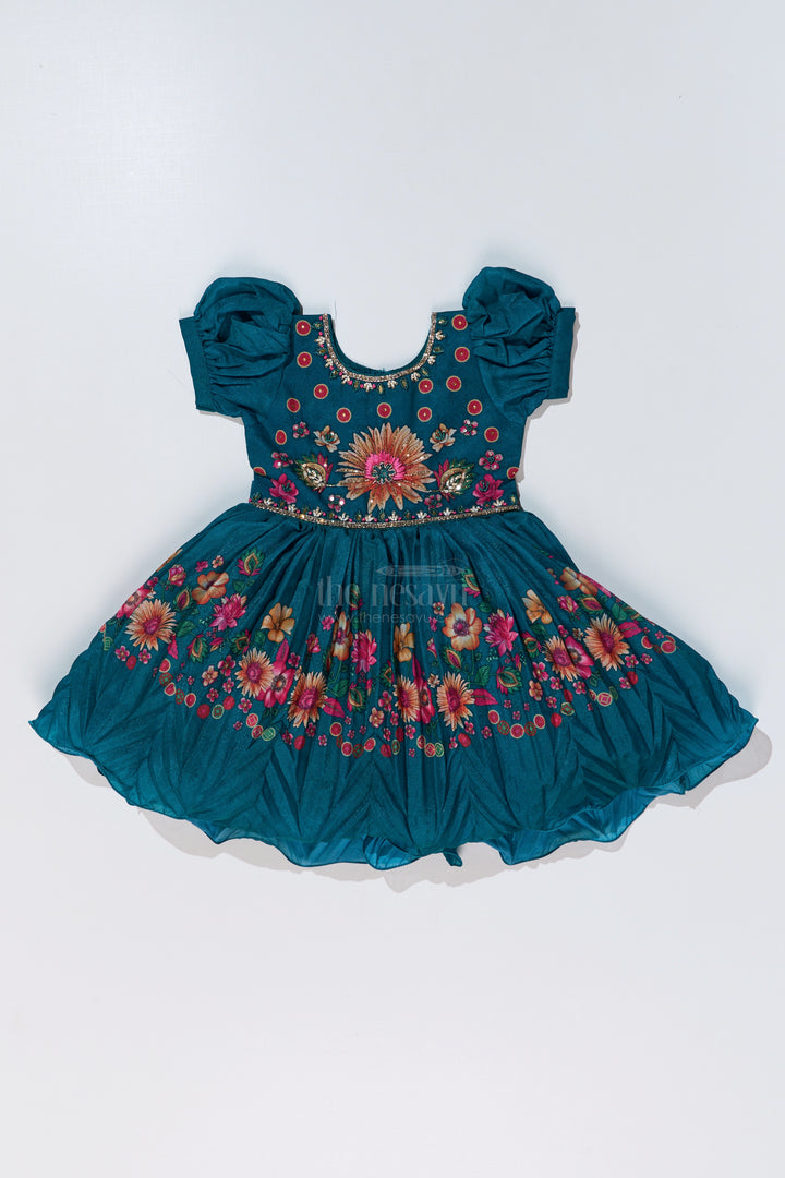 Girls Aesthetic Traditional Dress with Floral Embroidery and Elegant Puff Sleeves for Festive Wear