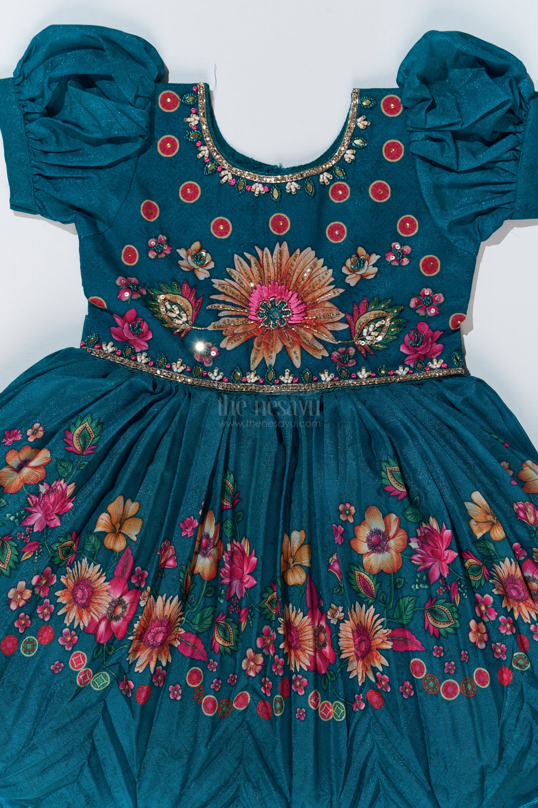 Girls Aesthetic Traditional Dress with Floral Embroidery and Elegant Puff Sleeves for Festive Wear