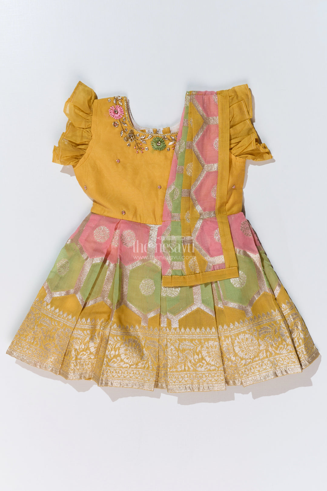 Girls Traditional Silk Saree Frock with Embroidery and Ruffled Sleeves for Festive Wear