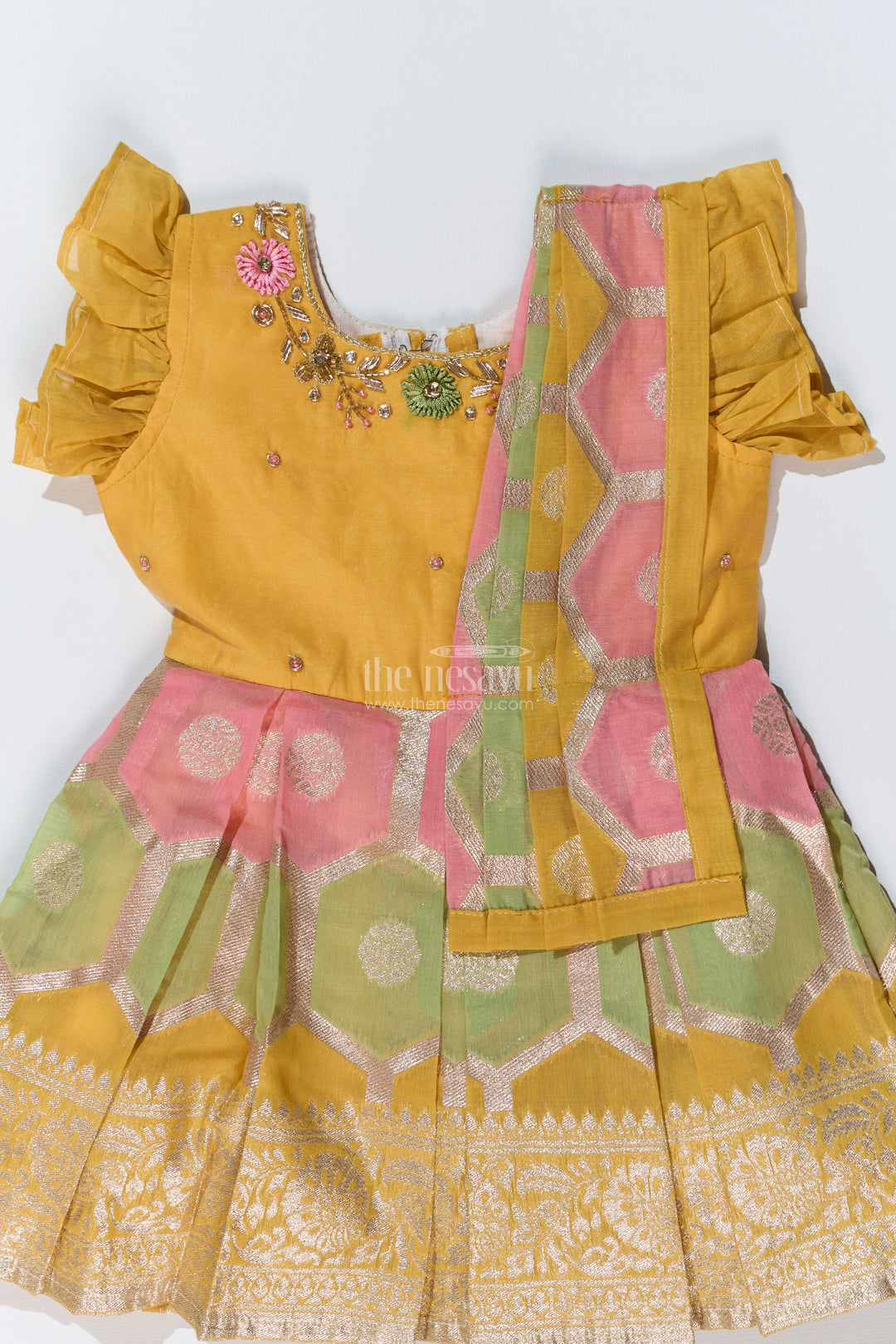 Girls Traditional Silk Saree Frock with Embroidery and Ruffled Sleeves for Festive Wear