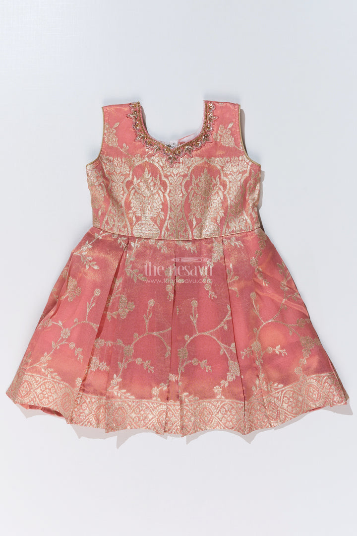 Girls Peach Color Frock in Silk with Embroidery and Pleated Skirt for Traditional Wear