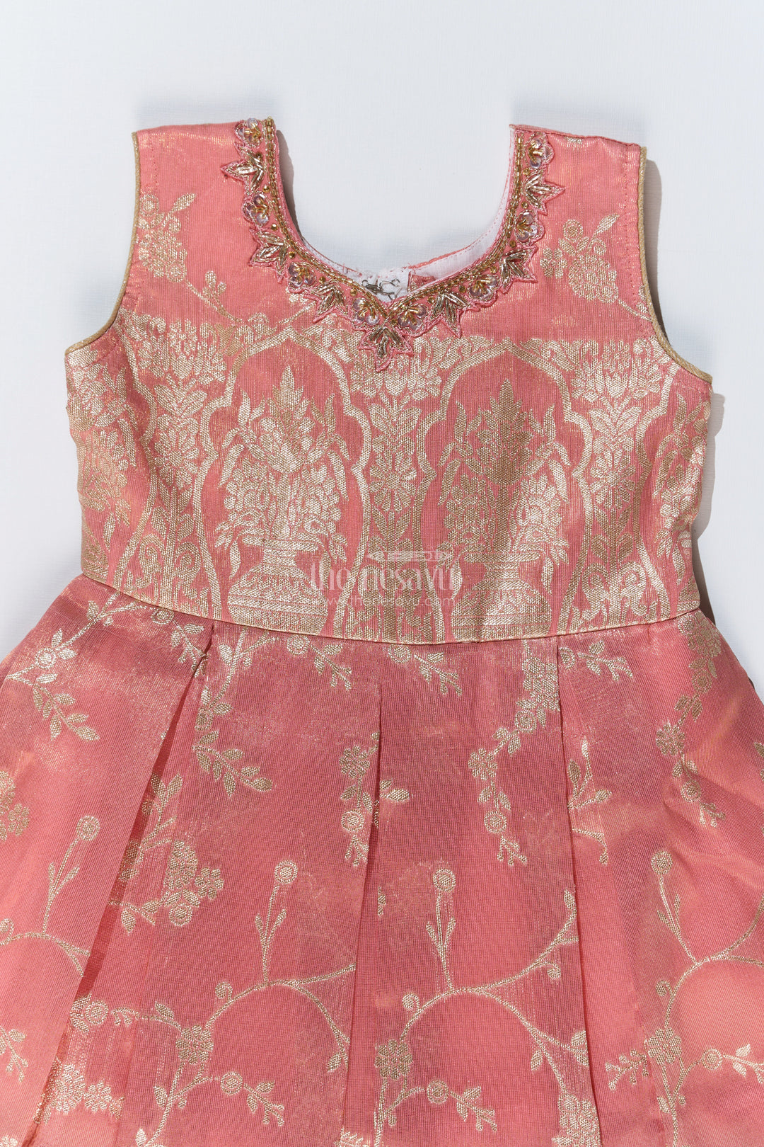 Girls Peach Color Frock in Silk with Embroidery and Pleated Skirt for Traditional Wear