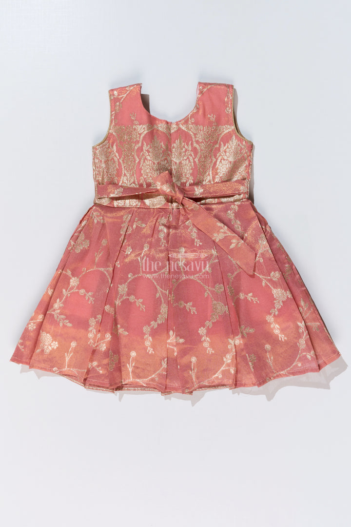 Girls Peach Color Frock in Silk with Embroidery and Pleated Skirt for Traditional Wear