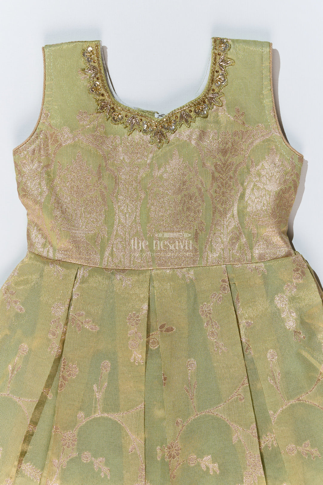 Graceful Girls Green Silk Frock in Banarasi Jacquard with Gold Zari Patterns