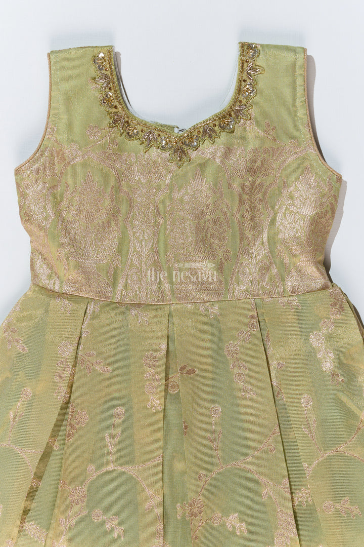 Graceful Girls Green Silk Frock in Banarasi Jacquard with Gold Zari Patterns