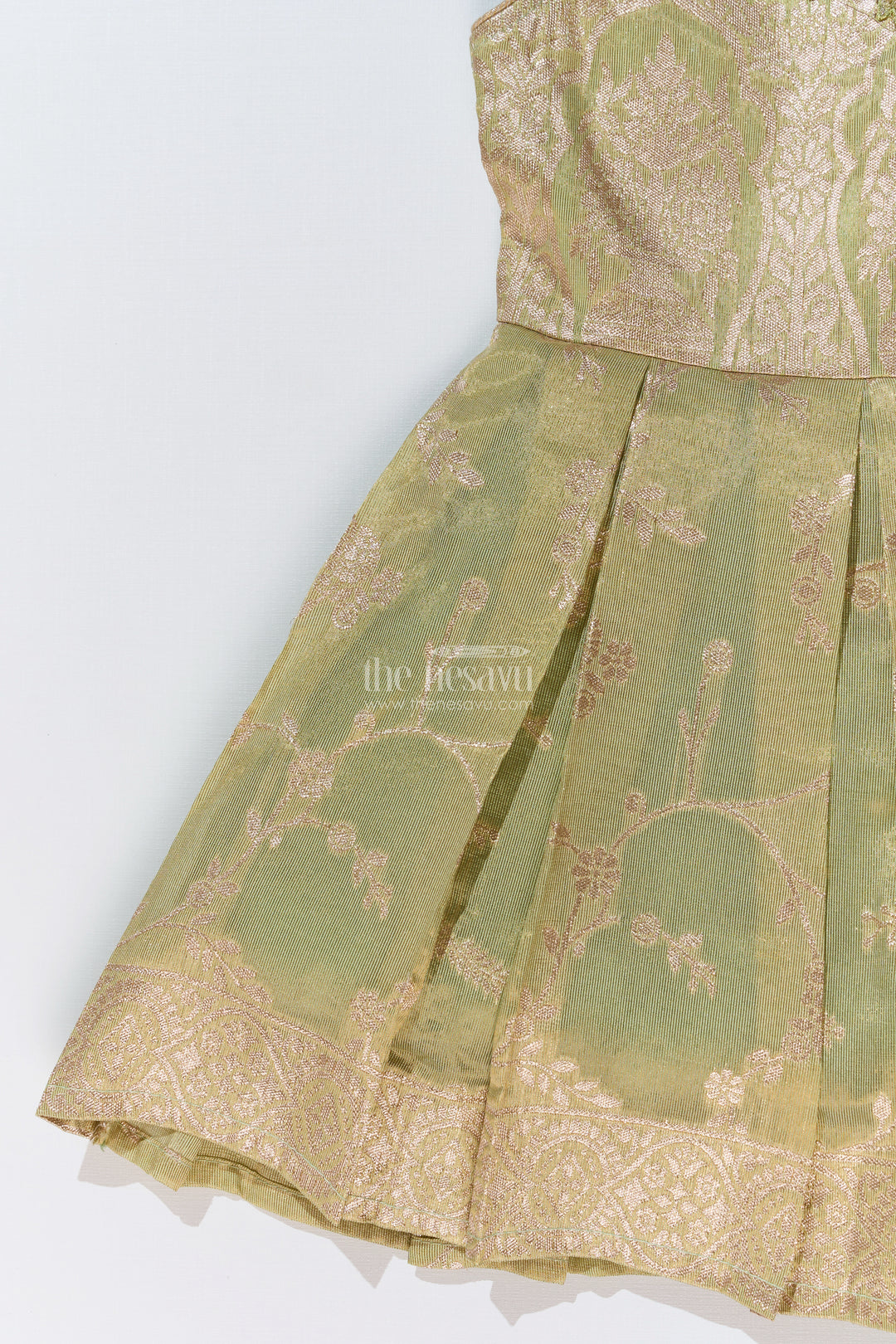 Graceful Girls Green Silk Frock in Banarasi Jacquard with Gold Zari Patterns