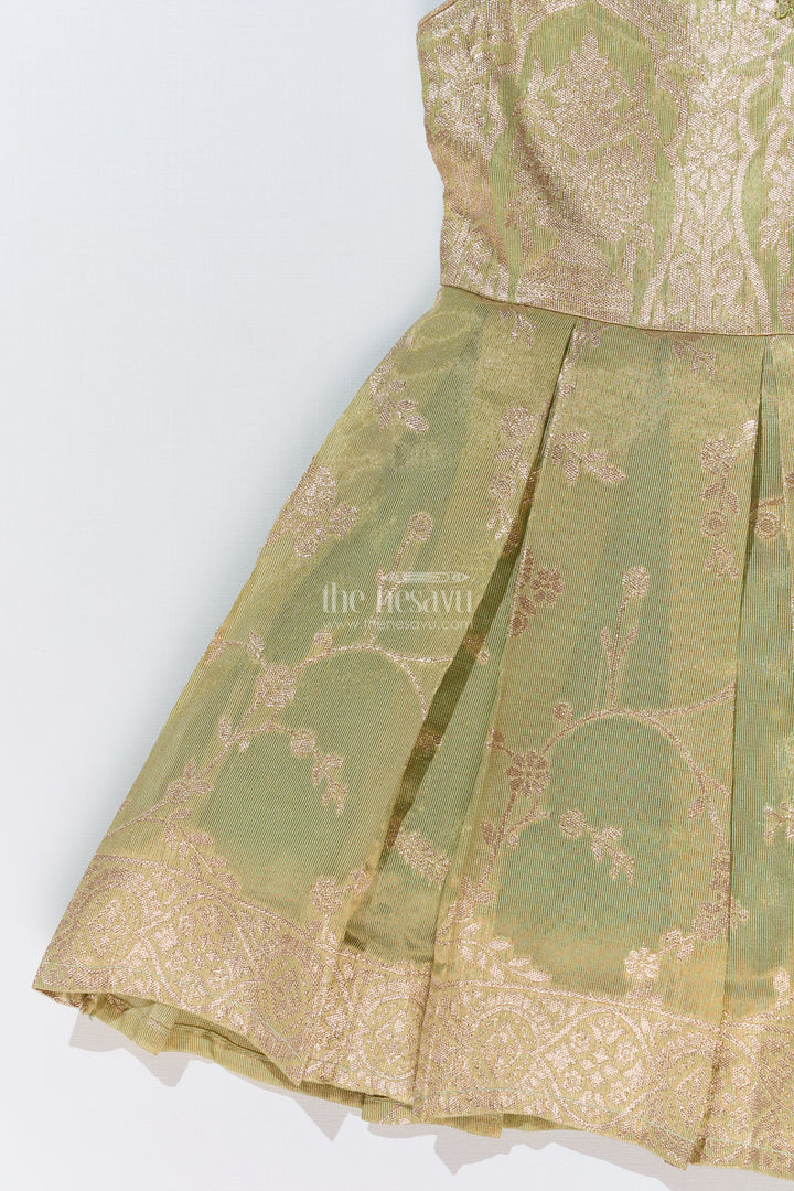 Graceful Girls Green Silk Frock in Banarasi Jacquard with Gold Zari Patterns