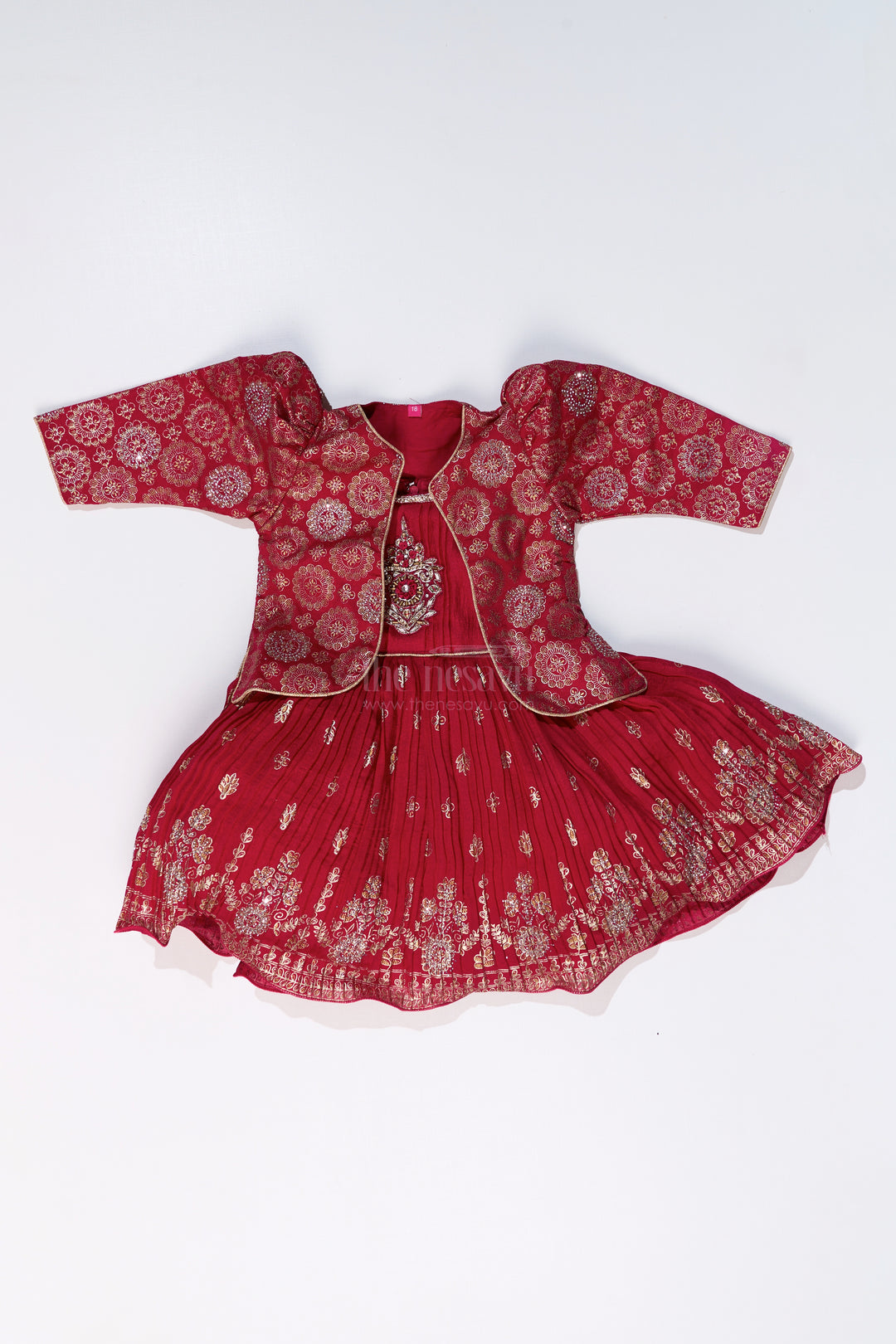 Vibrant Girls Red Silk Dress with Gold Foil Prints and Traditional Embroidery