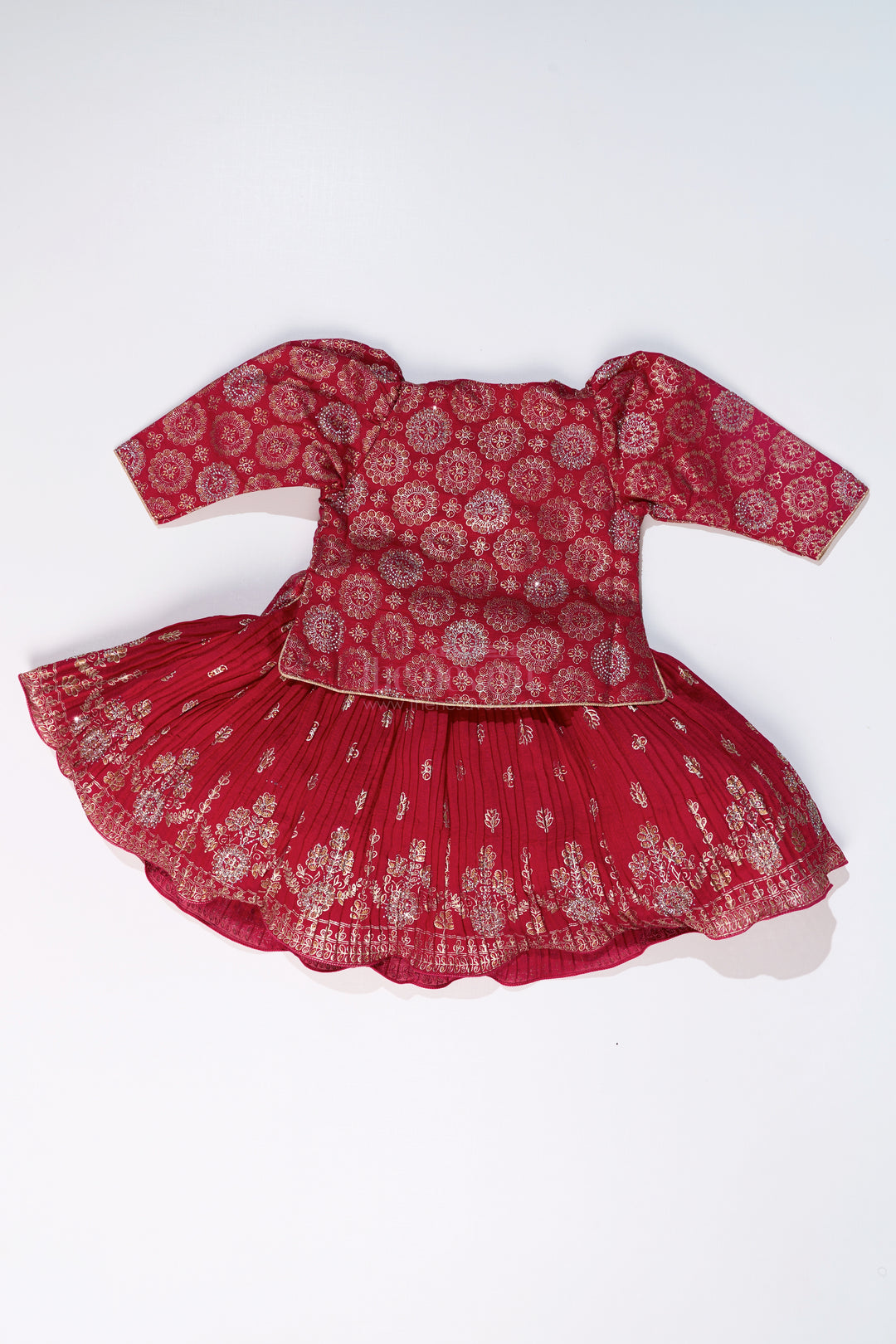 Vibrant Girls Red Silk Dress with Gold Foil Prints and Traditional Embroidery