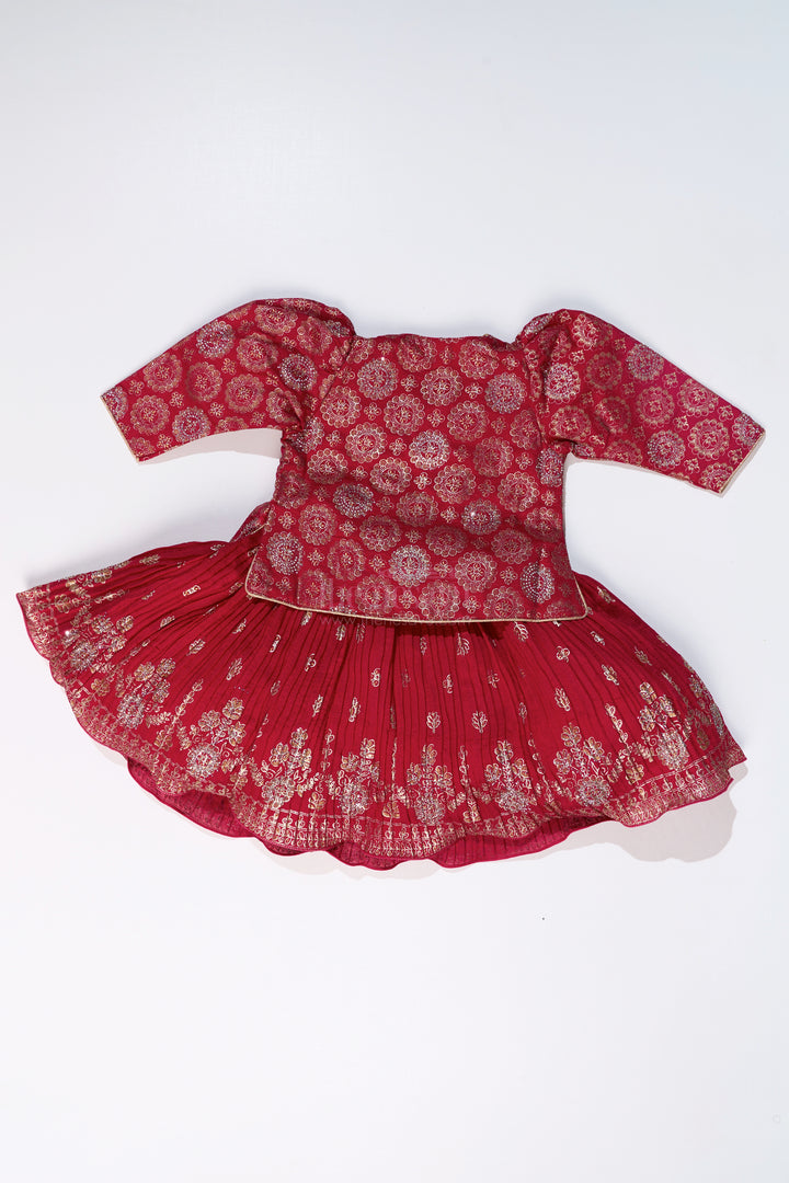 Vibrant Girls Red Silk Dress with Gold Foil Prints and Traditional Embroidery