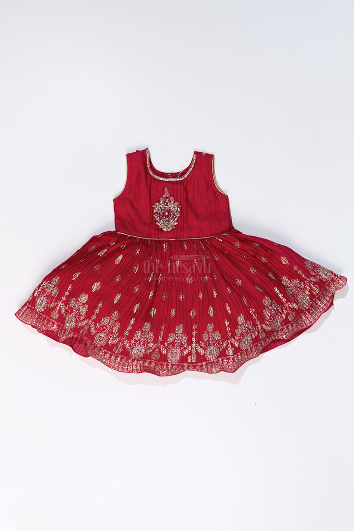 Vibrant Girls Red Silk Dress with Gold Foil Prints and Traditional Embroidery