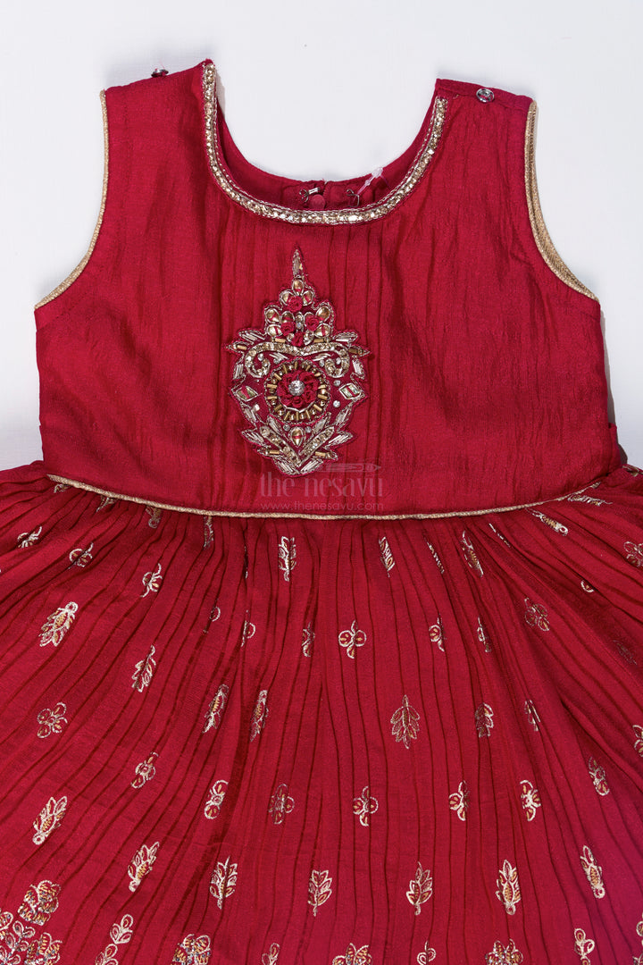 Vibrant Girls Red Silk Dress with Gold Foil Prints and Traditional Embroidery