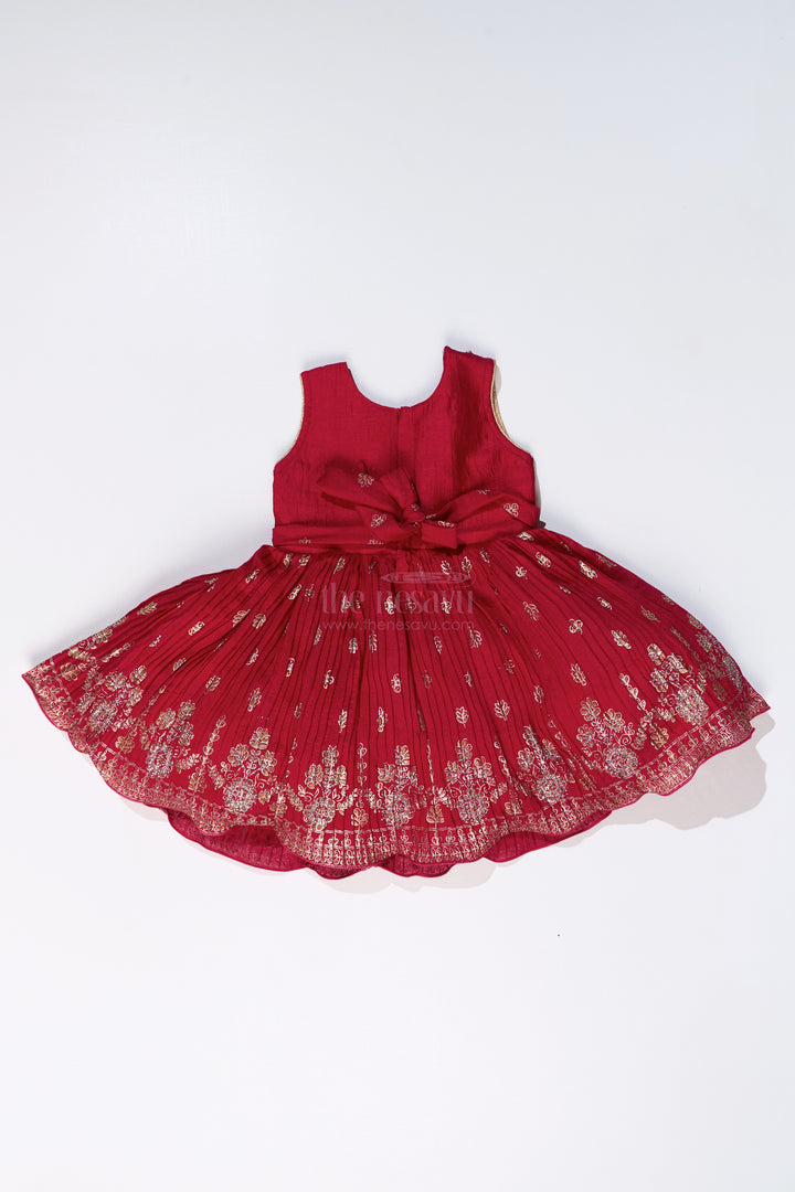 Vibrant Girls Red Silk Dress with Gold Foil Prints and Traditional Embroidery