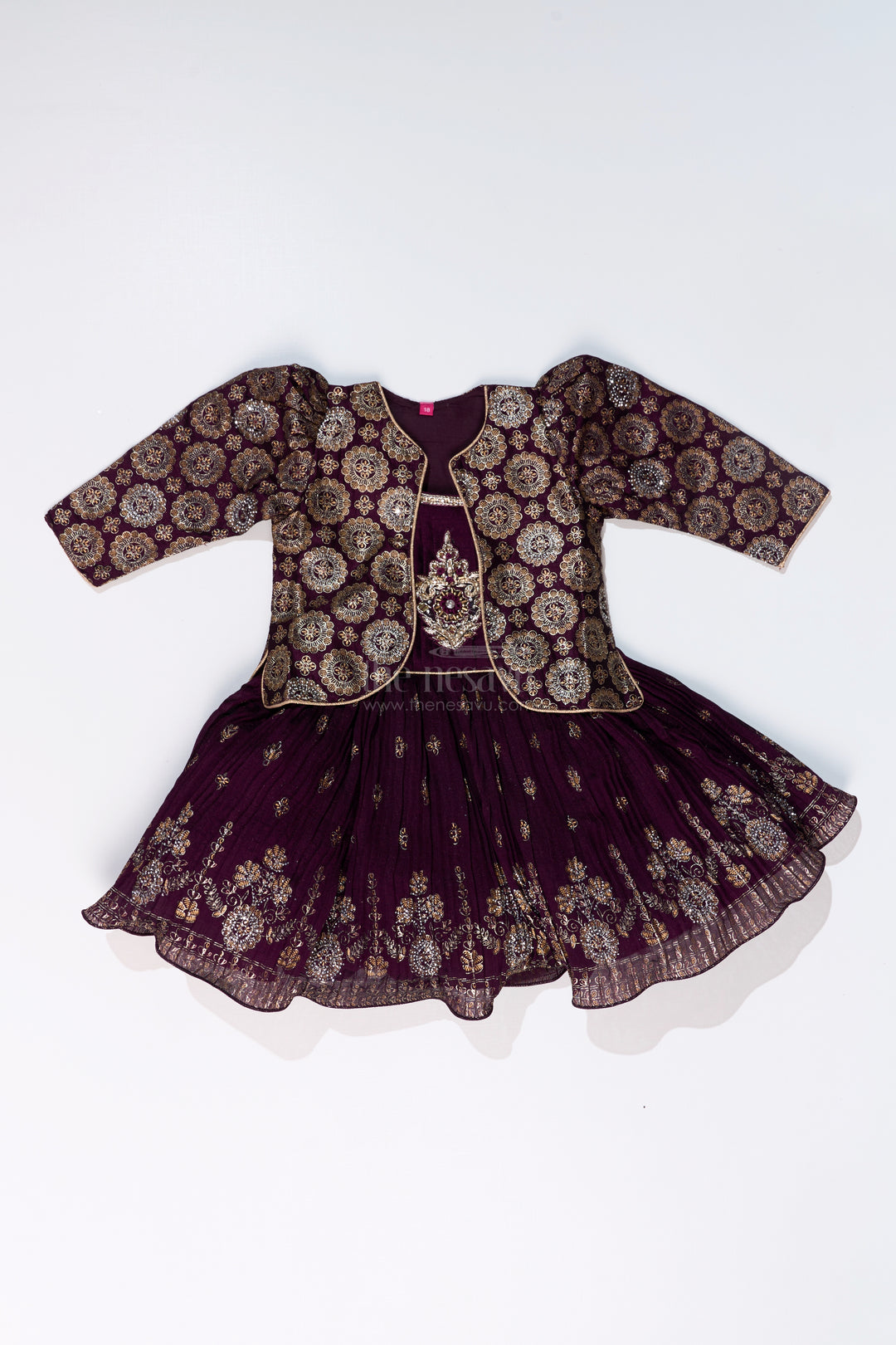 Charming Girls Purple Silk Dress with Gold Foil Prints and Elegant Embroidery