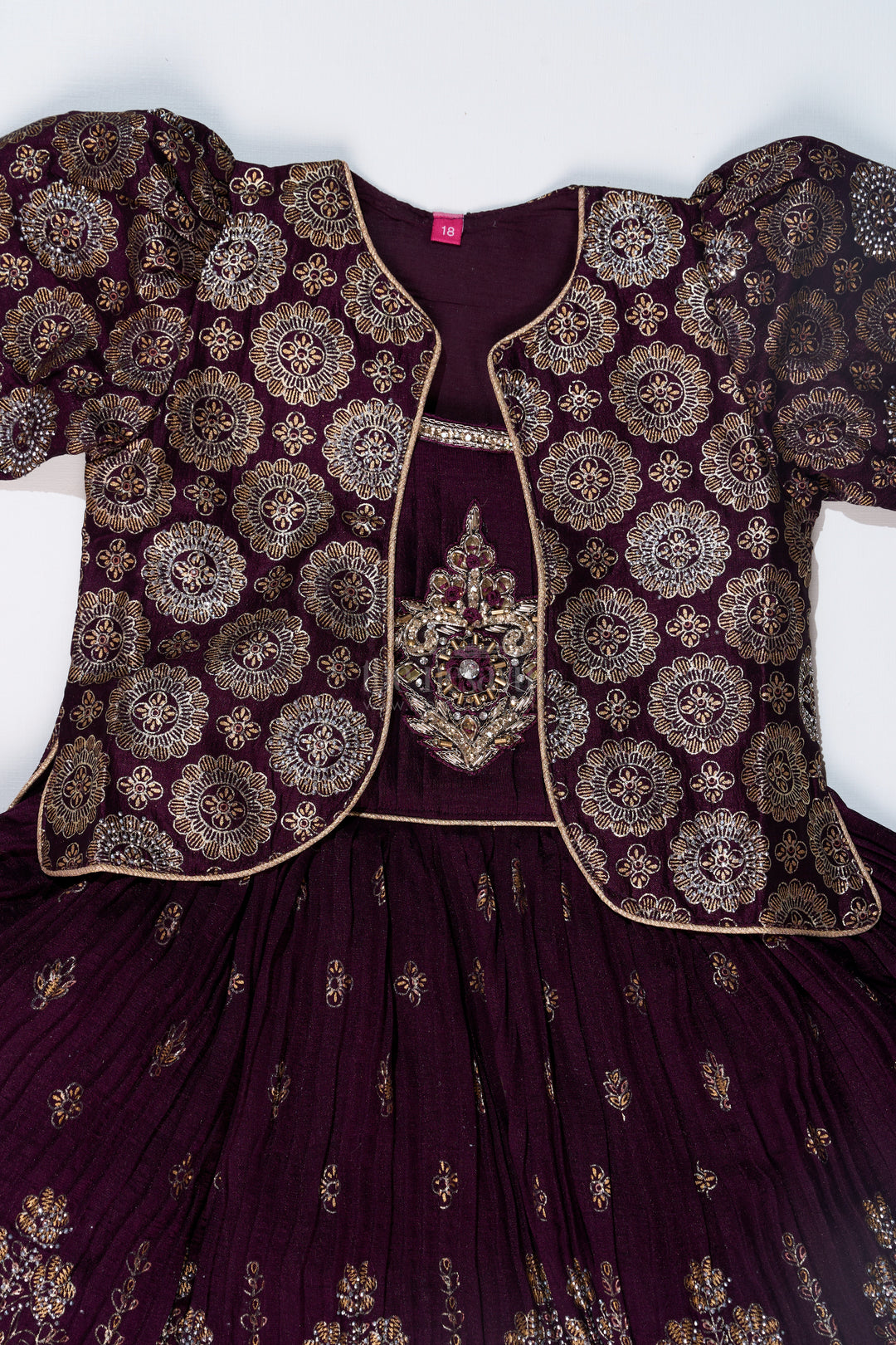 Charming Girls Purple Silk Dress with Gold Foil Prints and Elegant Embroidery