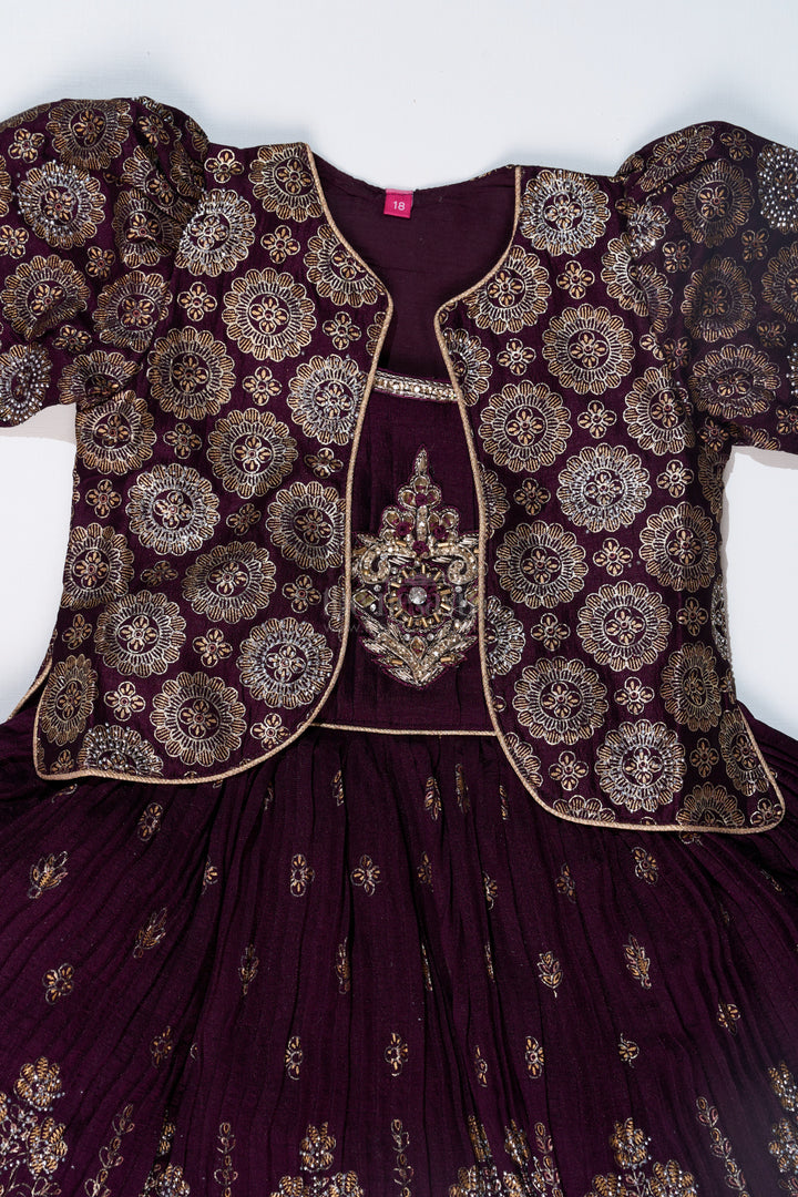 Charming Girls Purple Silk Dress with Gold Foil Prints and Elegant Embroidery