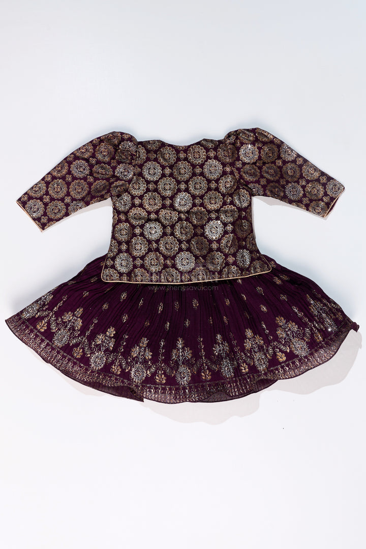 Charming Girls Purple Silk Dress with Gold Foil Prints and Elegant Embroidery