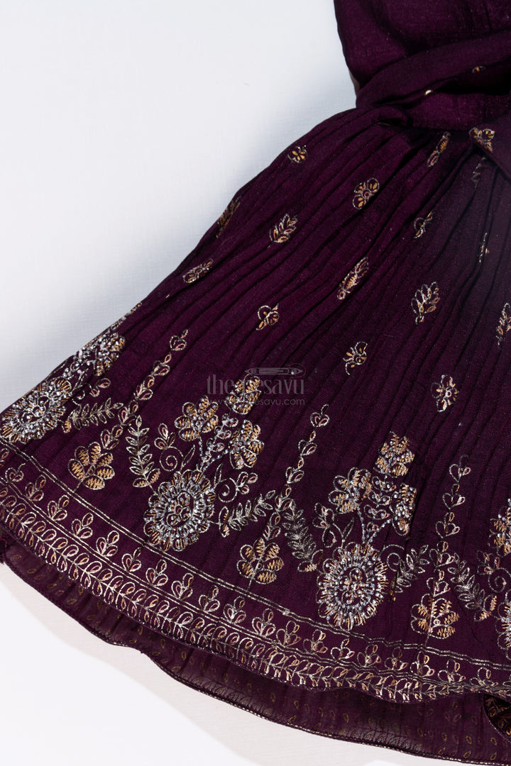 Charming Girls Purple Silk Dress with Gold Foil Prints and Elegant Embroidery