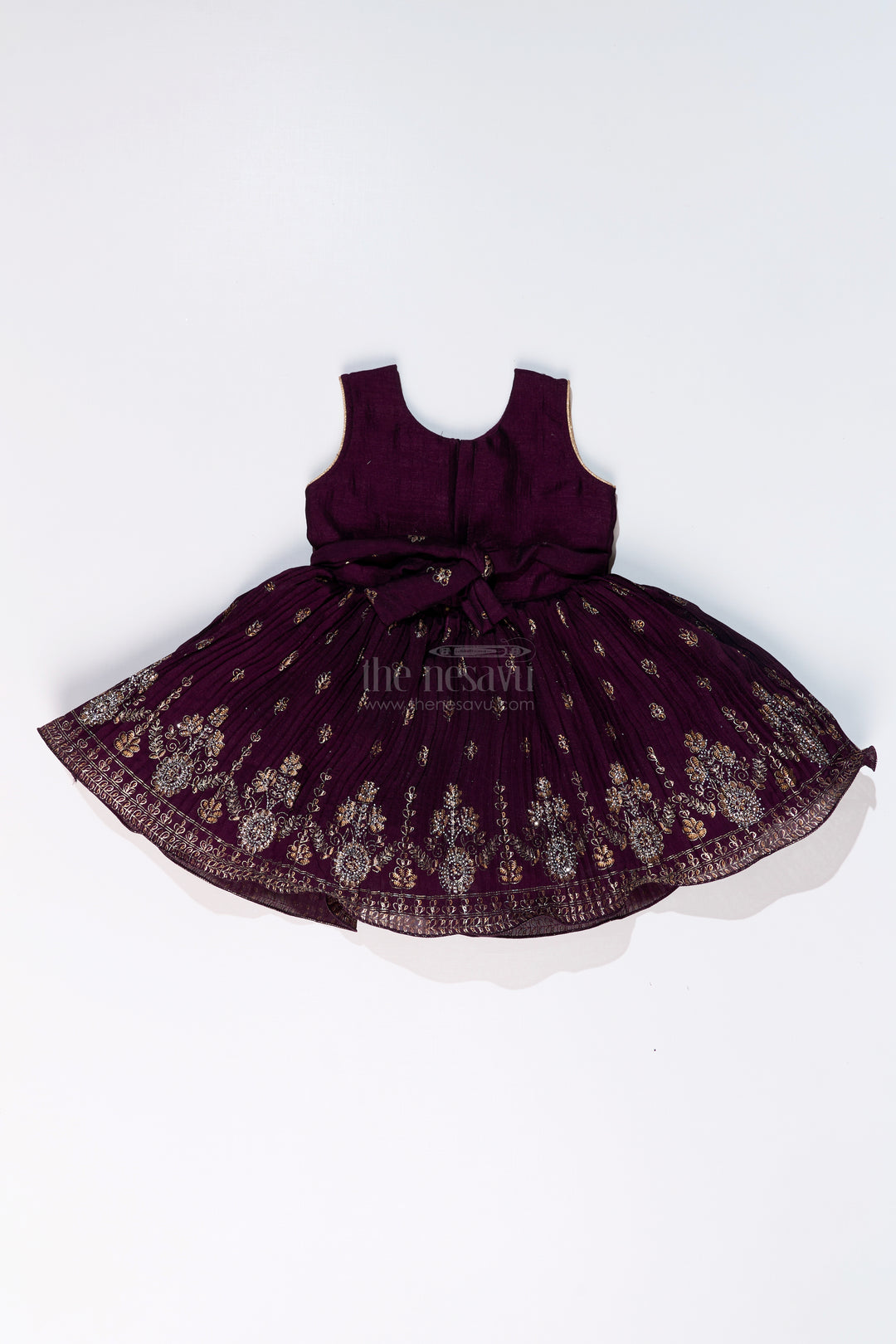 Charming Girls Purple Silk Dress with Gold Foil Prints and Elegant Embroidery