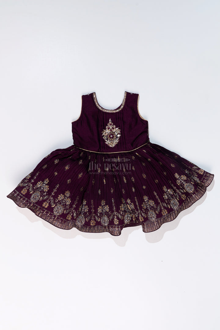 Charming Girls Purple Silk Dress with Gold Foil Prints and Elegant Embroidery