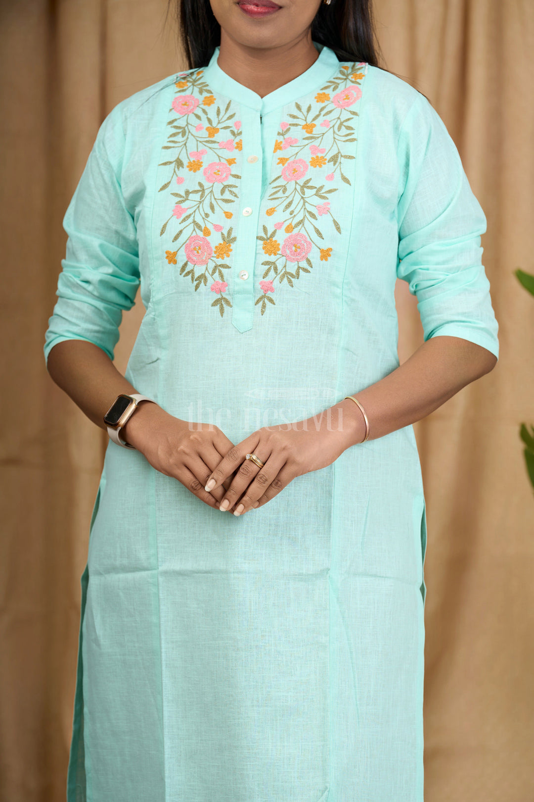 Aqua Blue Slub Cotton Kurta for Women with Floral Embroidery and Mandarin Collar