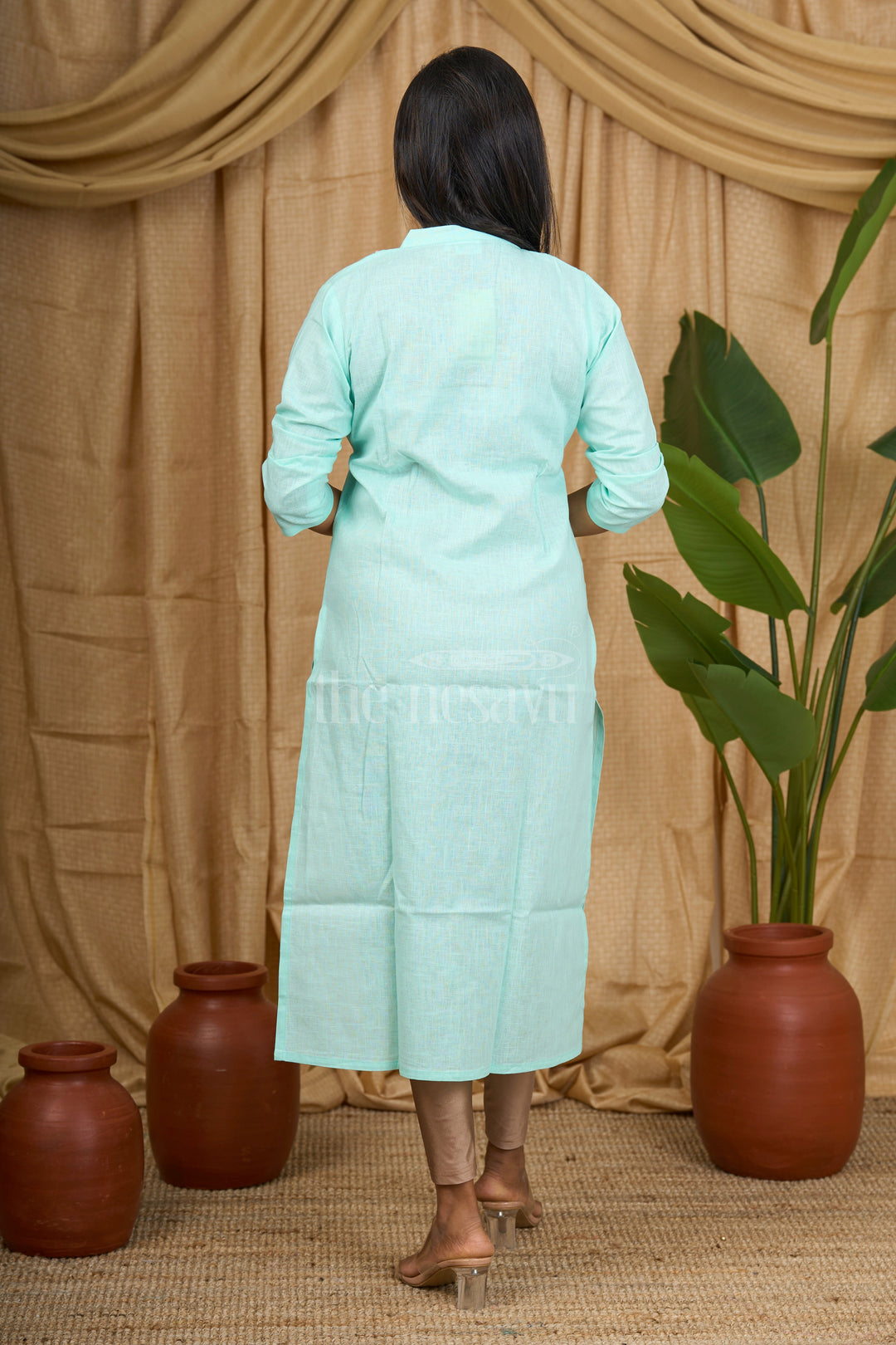 Aqua Blue Slub Cotton Kurta for Women with Floral Embroidery and Mandarin Collar