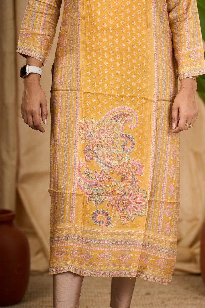 Mustard Muslin Silk Straight Kurta with Paisley Embroidery for Women