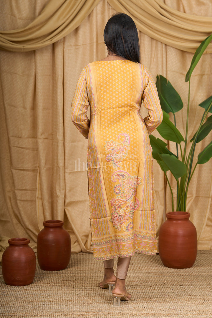 Mustard Muslin Silk Straight Kurta with Paisley Embroidery for Women