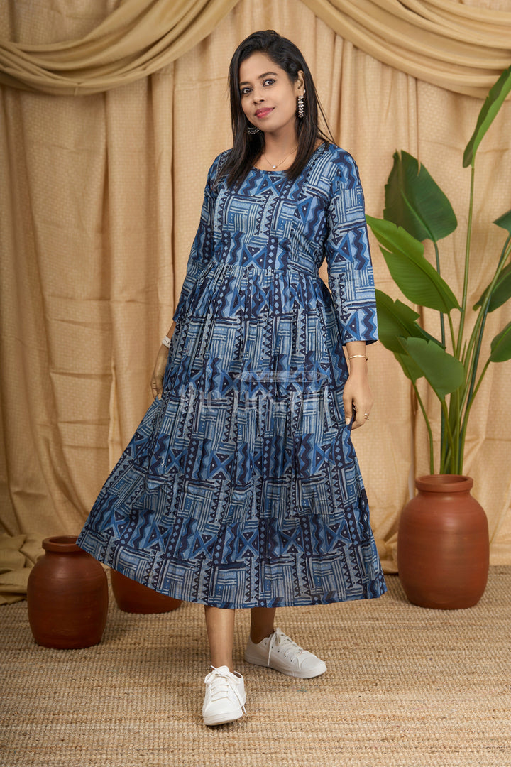 Blue Cotton Maternity Dress with Indigo Print and Geometric Design for Women