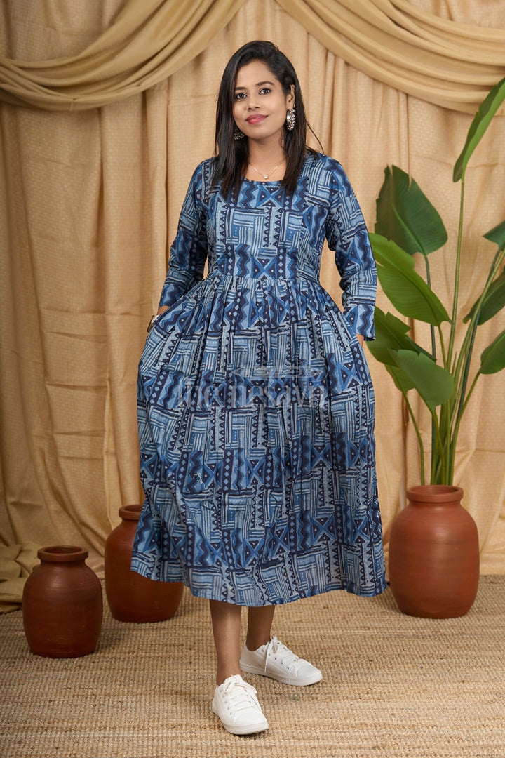 Blue Cotton Maternity Dress with Indigo Print and Geometric Design for Women