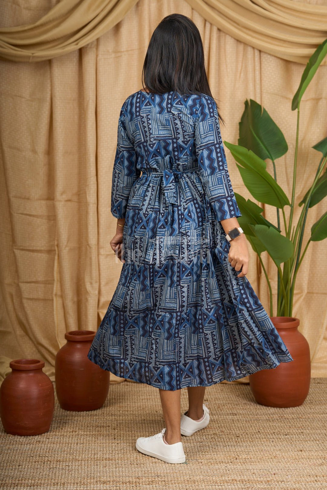 Blue Cotton Maternity Dress with Indigo Print and Geometric Design for Women