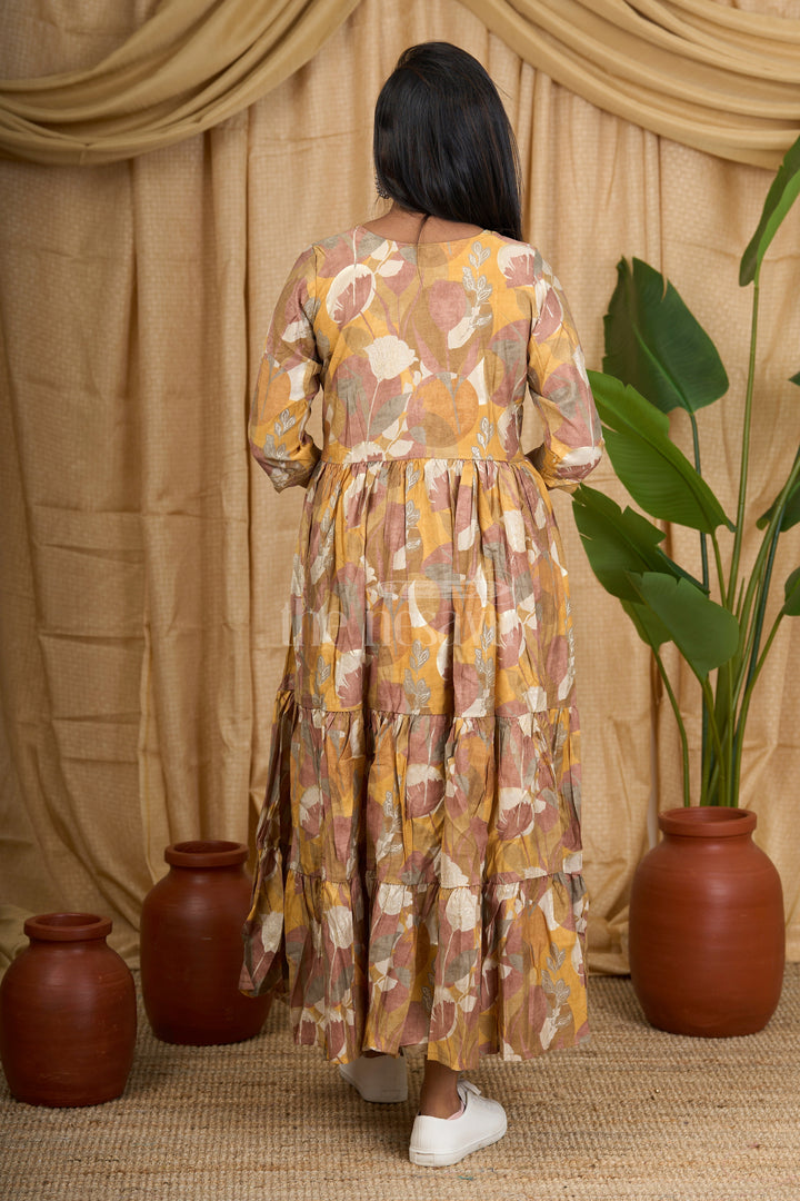 Mustard Cotton Slub Flared Kurtha with Bold Floral Print and Flattering Silhouette for Women